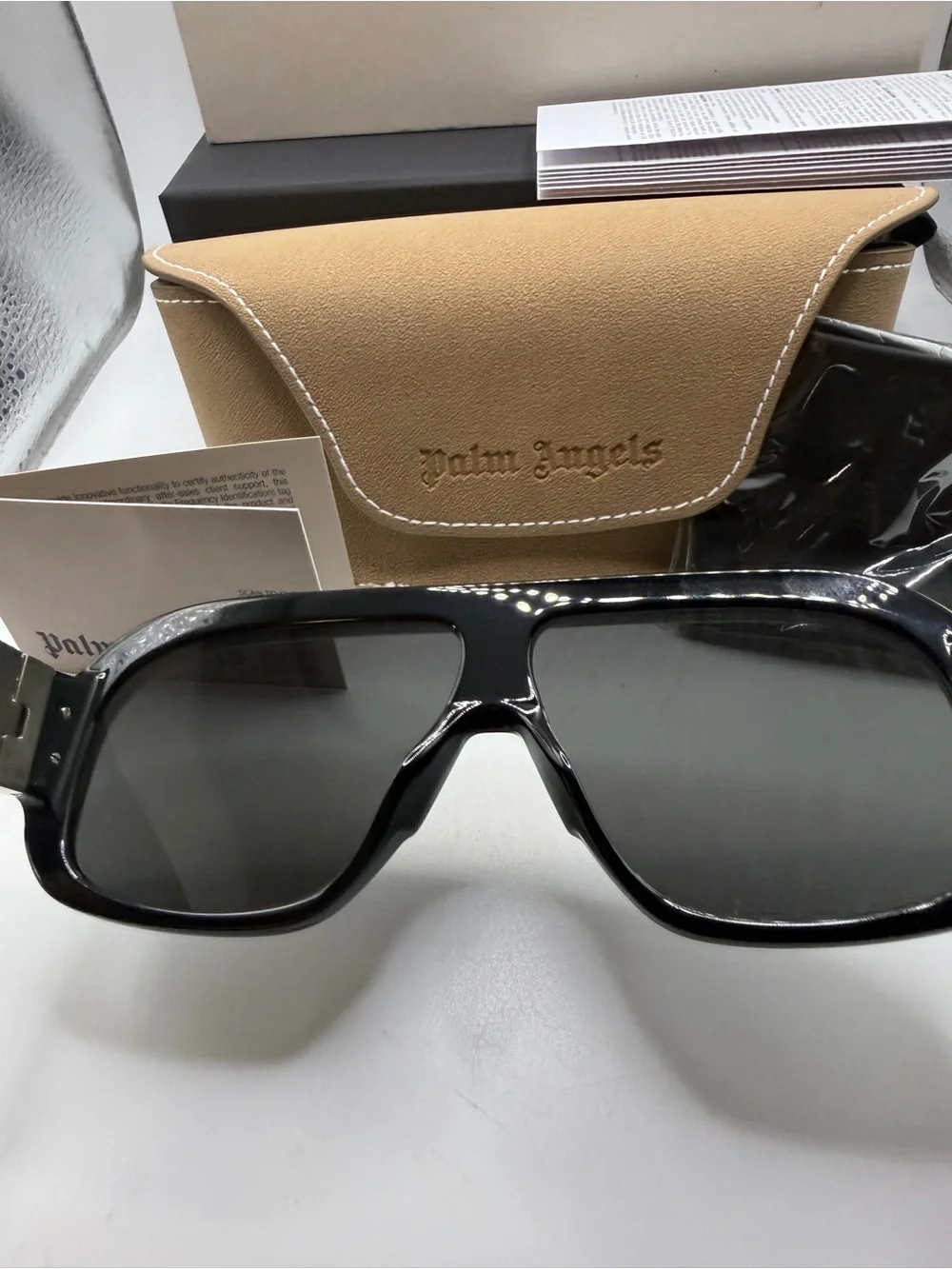 Palm Angels Sunglasses with Tan Leather Case - Black Lenses